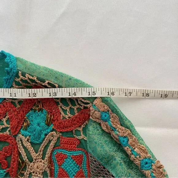 Rare Vintage Sandy Starkman Aqua Patchwork/ Embroidered Boho Cardigan Size Small - Picture 13 of 15
